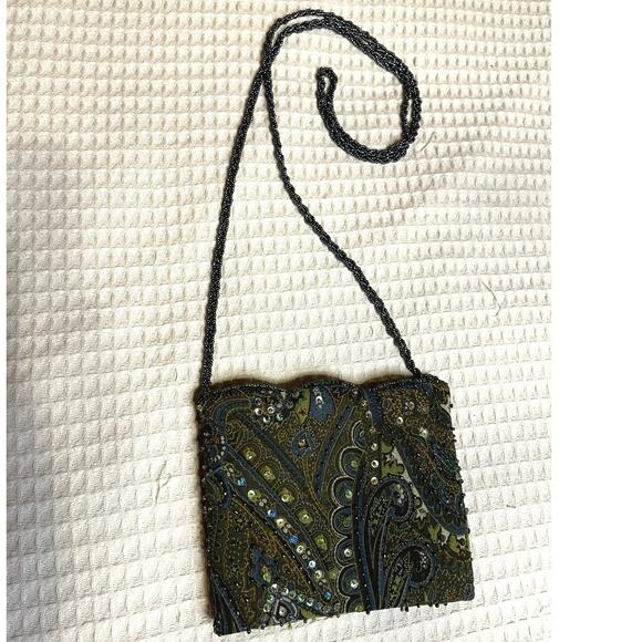 VTG Georgiou Studio Silk Beaded Mini Green & Blue Purse W/ Long Beaded Strap - Picture 1 of 12